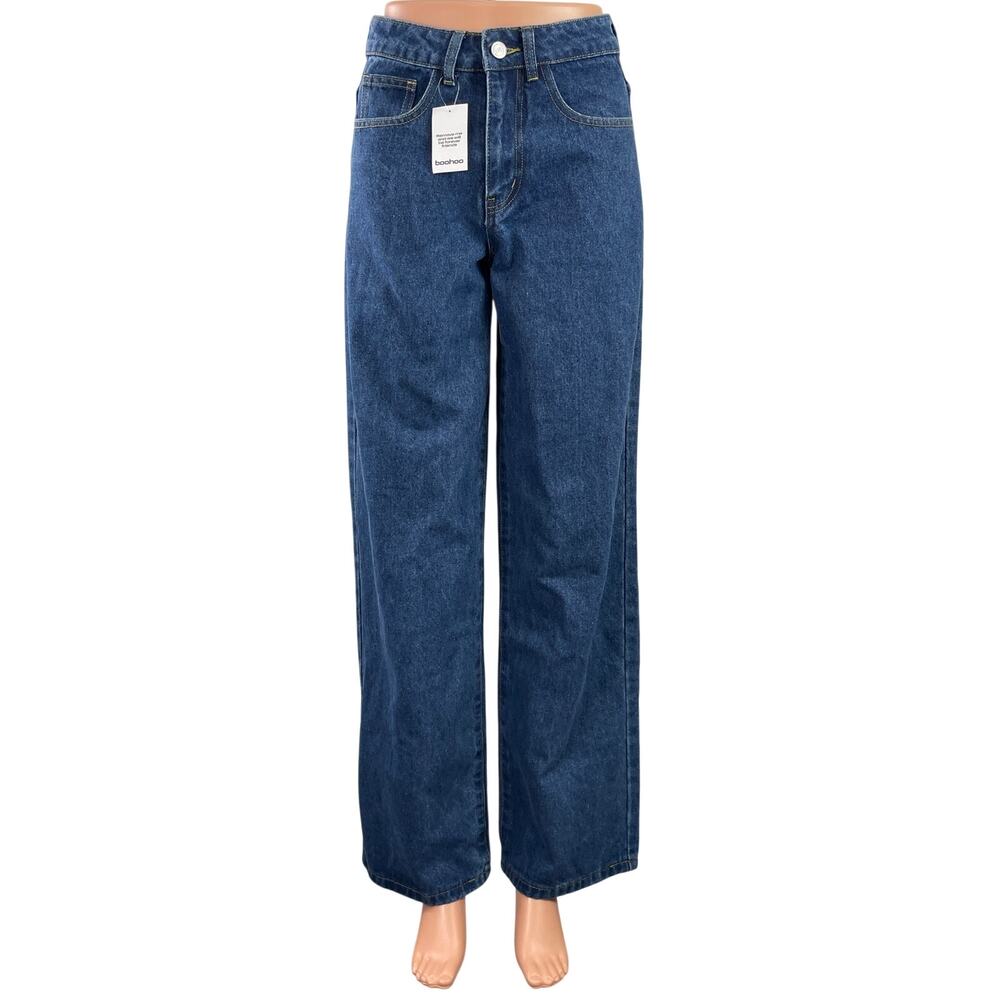 NEW Boohoo Women's Blue Medium Wash High Rise Wide Leg Baggy Denim Jeans Size 2